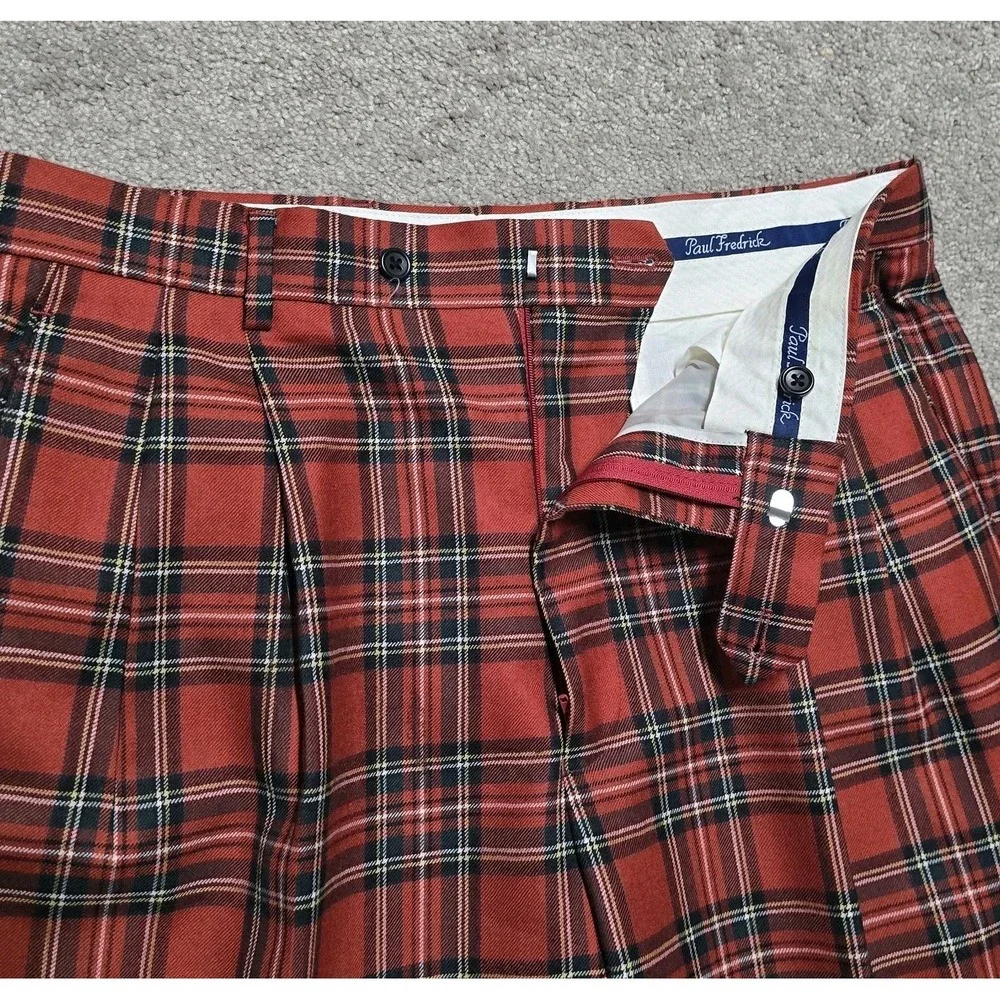 Paul Fredrick Vintage Red Tartan Plaid Wool Pants 35x32 Pleated Cuffed 80s
